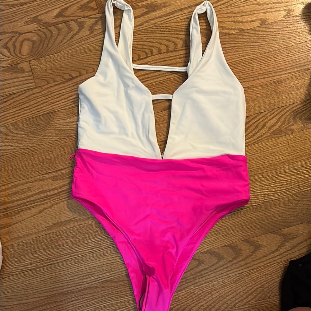 SHEIN Pink and White women’s One Piece cheeky Swimsuit